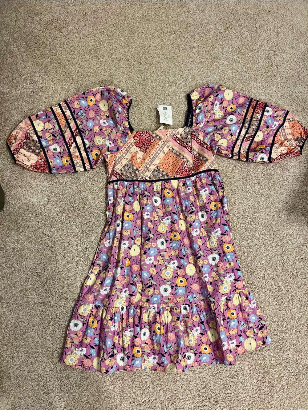 Purple Floral Puff-Sleeve Mini Dress